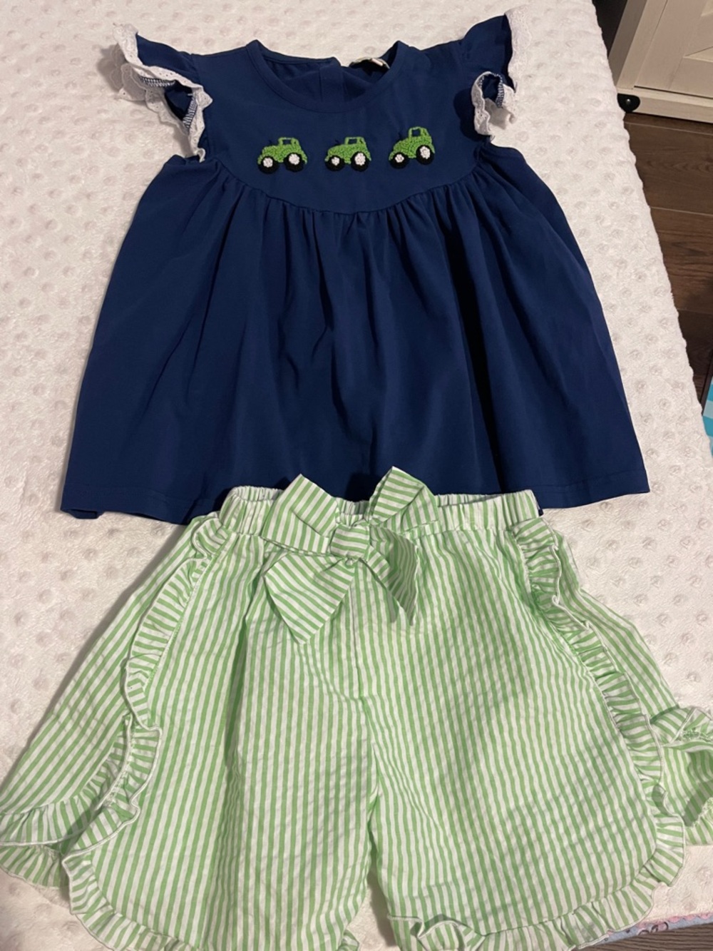 Girls Navy Top & Green Striped Shorts Matching Set